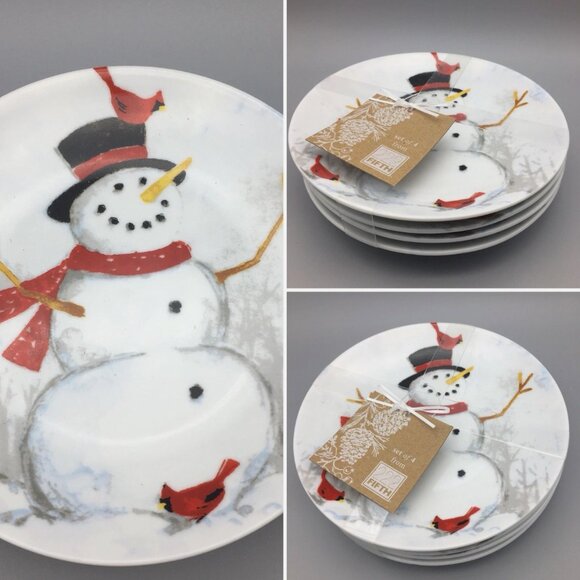 x4 222 FIFTH Winter Cheer Appetizer Plate Set Snowman Red Cardinal Christmas NEW - Picture 1 of 7